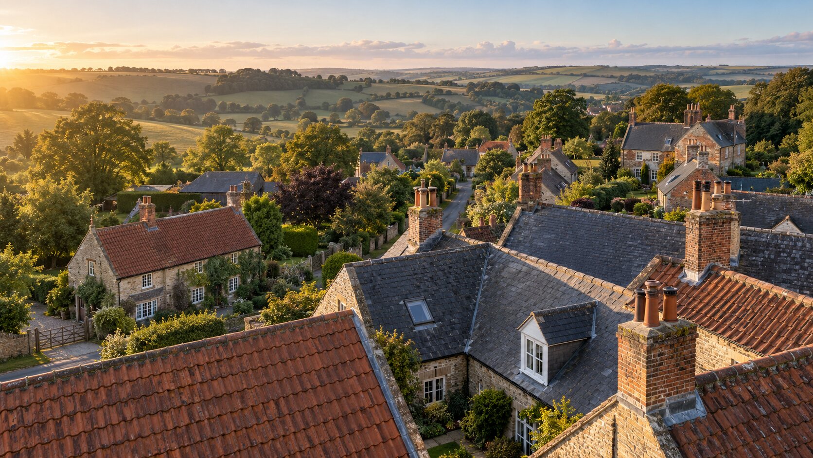 Representative aerial view across rooftops in the Lincolnshire Wolds